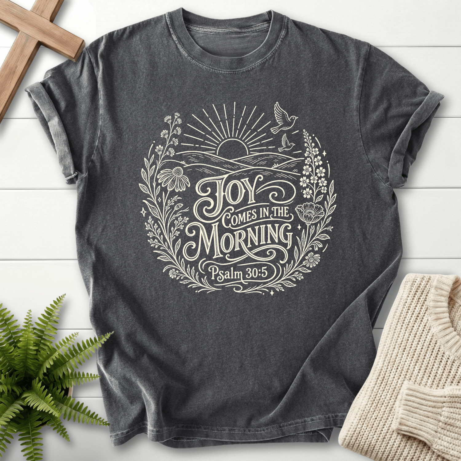 Joy Come In The Morning Wildflower T-Shirt in Pepper | She Wears Faith