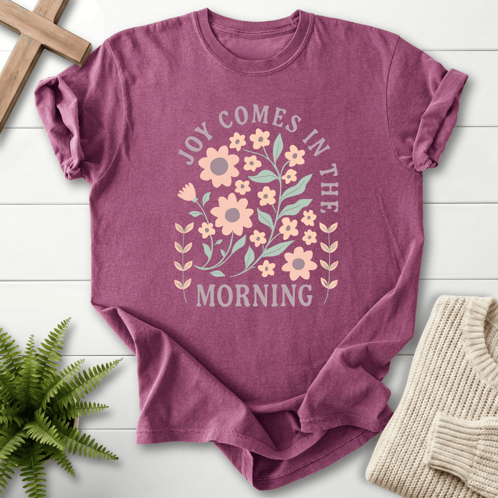 Berry women's Christian t-shirt with a pink boho floral "Joy Comes in the Morning" design