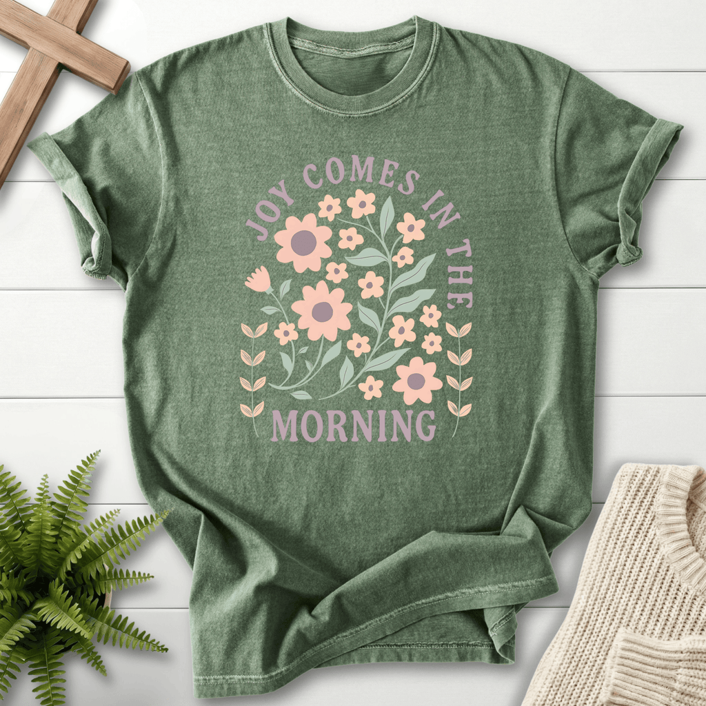 Moss women's Christian t-shirt with a pastel floral arch surrounding "Joy Comes in the Morning"