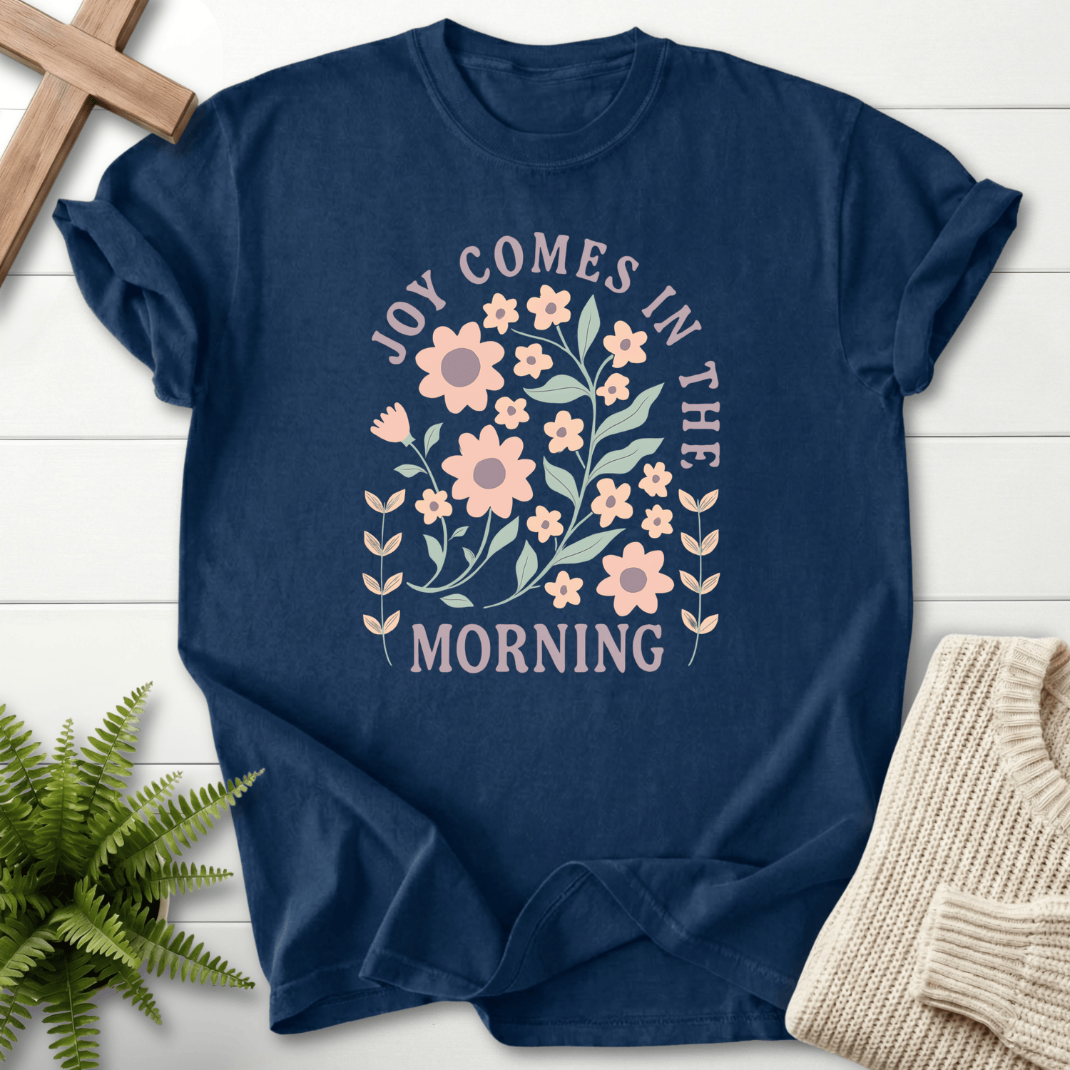 Navy women's Christian t-shirt with a pastel floral "Joy Comes in the Morning" arch design, Comfort Colors 1717