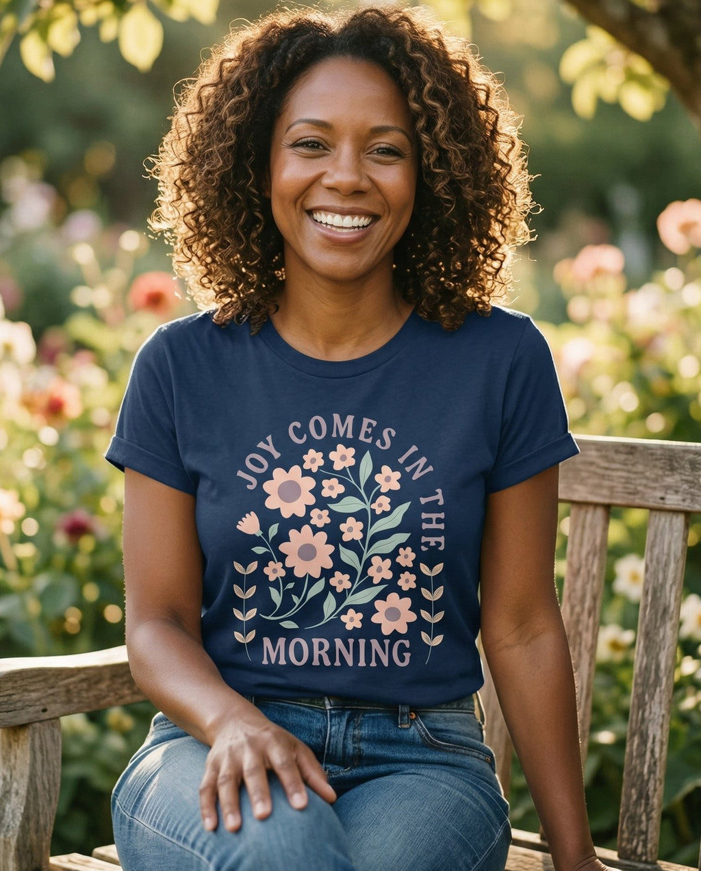 Joy Comes in the Morning – Navy women's Christian tee, lifestyle photo in outdoor garden – Boho floral arch design with pastel pink daisy and flower blooms surro – She Wears Faith
