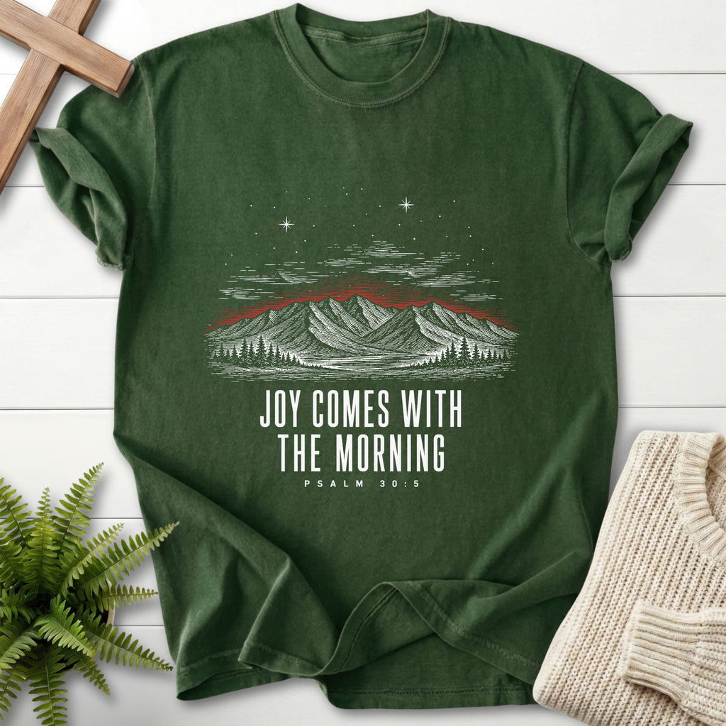 Hemp color option for the Joy Comes With the Morning Mountain faith-based tee with mountain graphic with "Joy Comes With the Morning Mountain T-Shirt" Psalm 30:5.