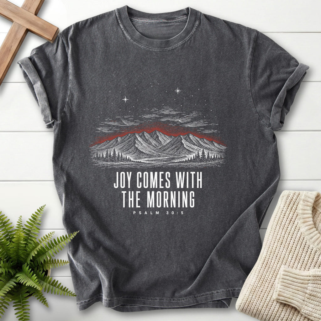 Pepper color option for the Joy Comes With the Morning Mountain tee with mountain graphic with "Joy Comes With the Morning Mountain T-Shirt" Psalm 30:5 for women's faith apparel.