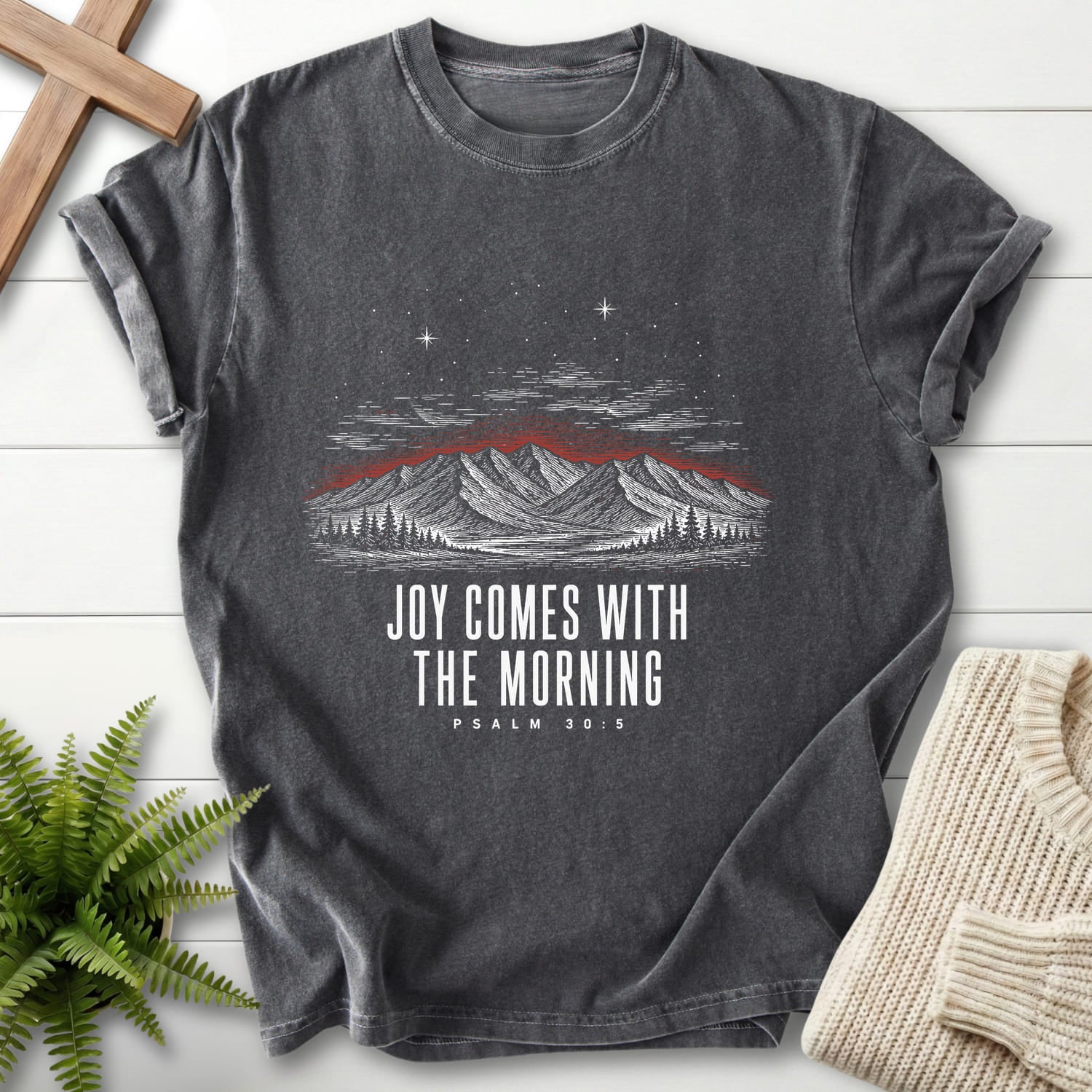 Pepper color option for the Joy Comes With the Morning Mountain tee with mountain graphic with "Joy Comes With the Morning Mountain T-Shirt" Psalm 30:5 for women's faith apparel.