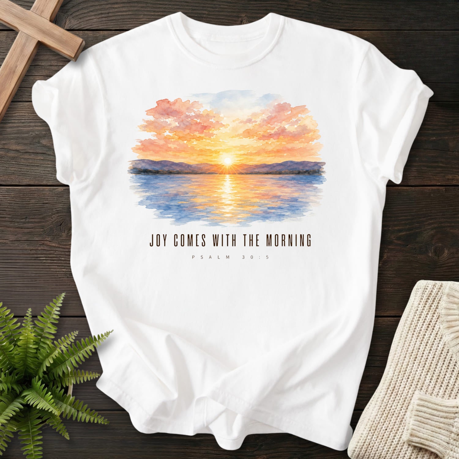 Flat lay of a White Comfort Colors 1717 garment-dyed Christian tee featuring watercolor artwork with "Joy Comes With the Morning T-Shirt".