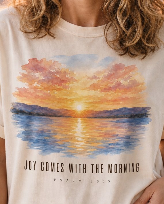Joy Comes With the Morning - Ivory women's Christian tee, lifestyle photo in wildflower meadow at sunrise - Watercolour sunrise over a calm mountain lake - Psalm 30:5 - She Wears Faith