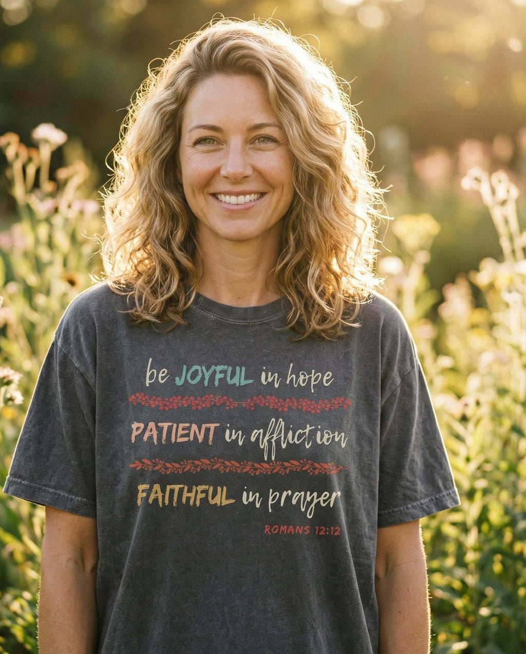 Joyful, Patient, Faithful – Pepper women's Christian tee, lifestyle photo in outdoor garden – Multi-line watercolor-style text reading 'Be joyful in hope – Romans 12:12 – She Wears Faith