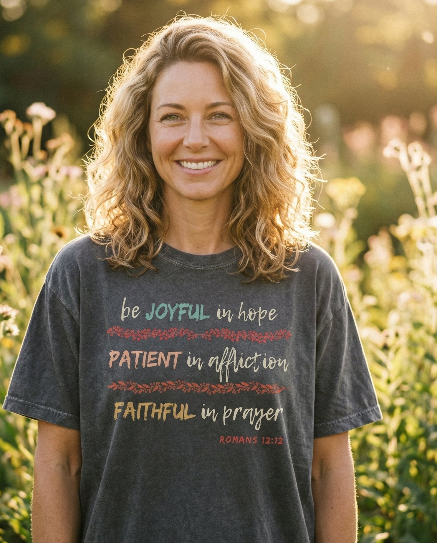 Joyful, Patient, Faithful – Pepper women's Christian tee, lifestyle photo in outdoor garden – Multi-line watercolor-style text reading 'Be joyful in hope – Romans 12:12 – She Wears Faith