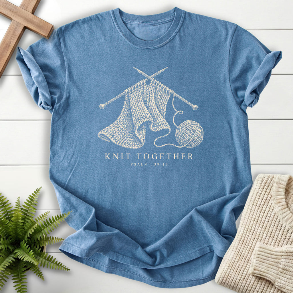 Flat lay of a Blue Jean Christian graphic tee featuring "Knit Together Psalm 139:13 T-Shirt" Psalm 139:13.