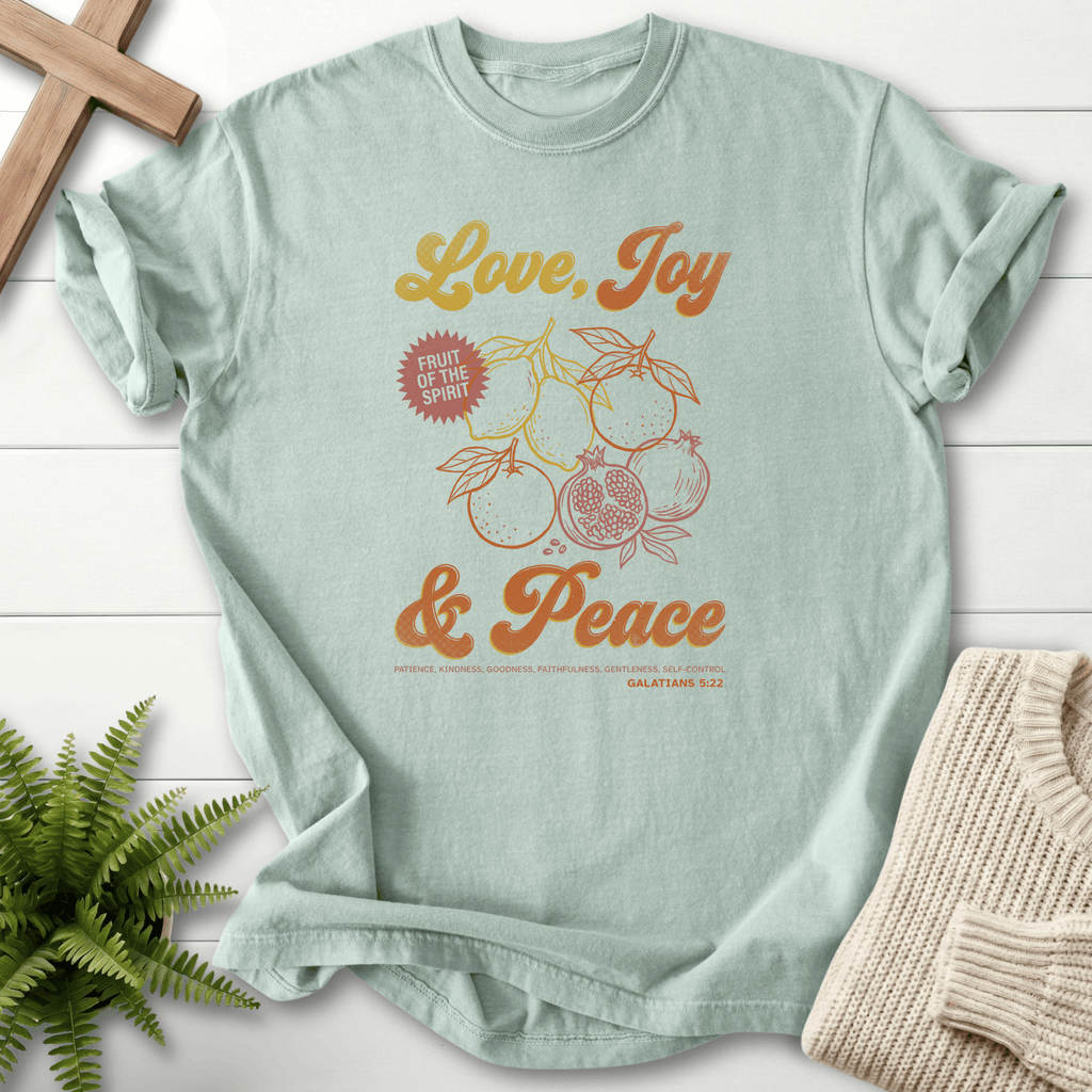 Bay women's faith t-shirt with retro fruit illustration, inspired by Galatians 5:22.