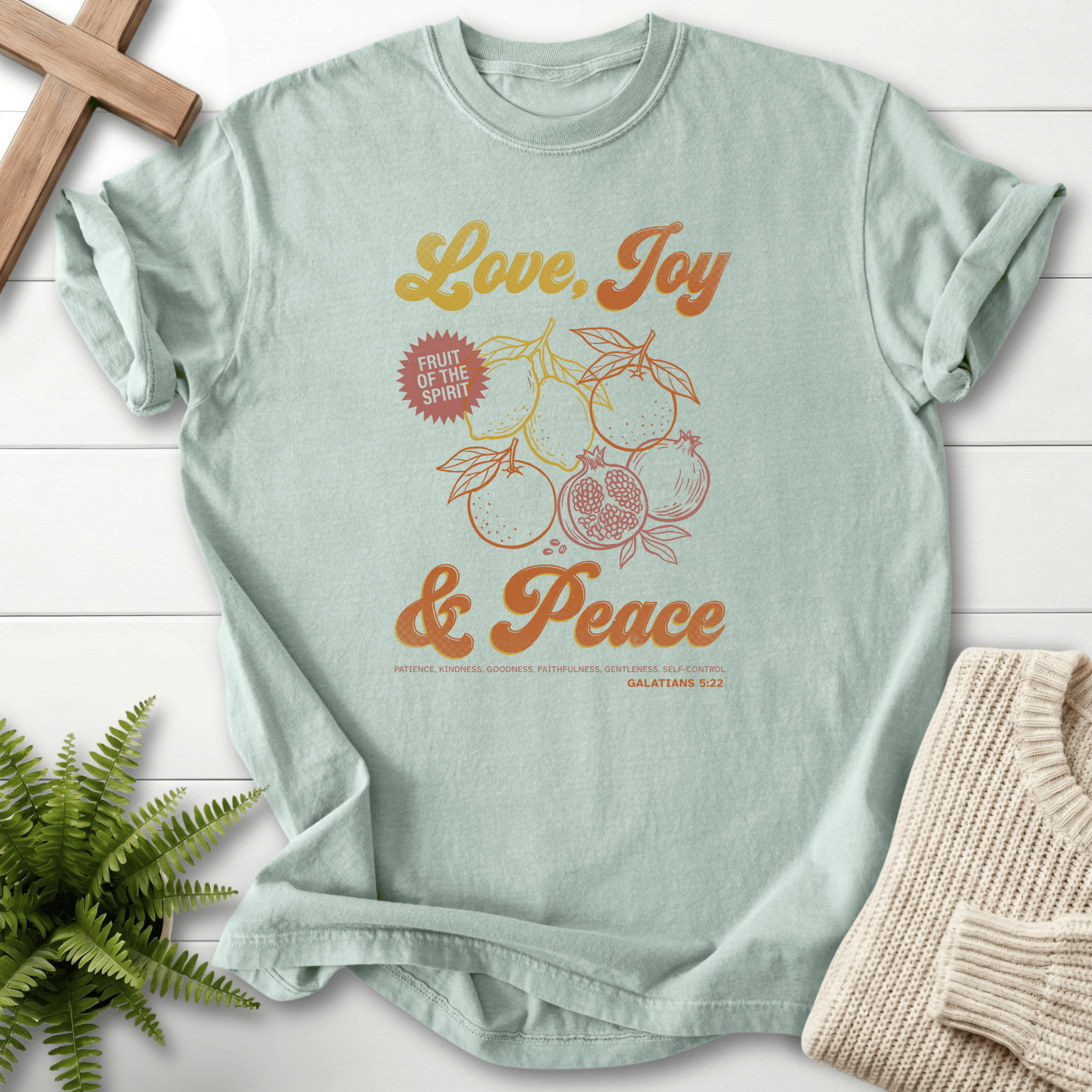 Bay women's faith t-shirt with retro fruit illustration, inspired by Galatians 5:22.