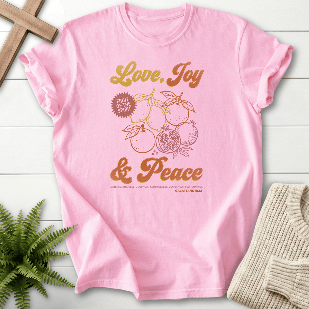 Blossom women's Bible verse tee with pomegranate and citrus fruit design, inspired by Galatians 5:22.
