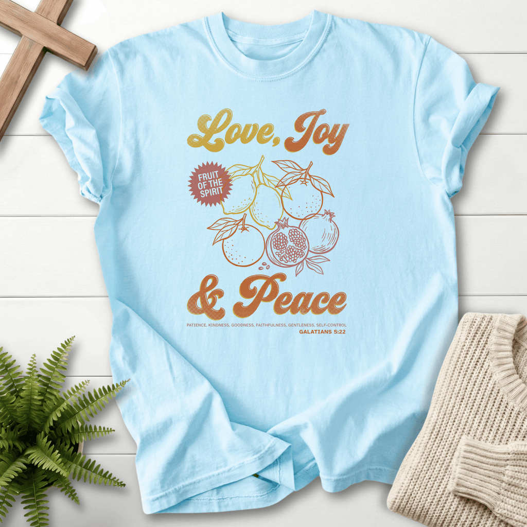 Chambray women's faith t-shirt with Love Joy Peace illustration, inspired by Galatians 5:22.