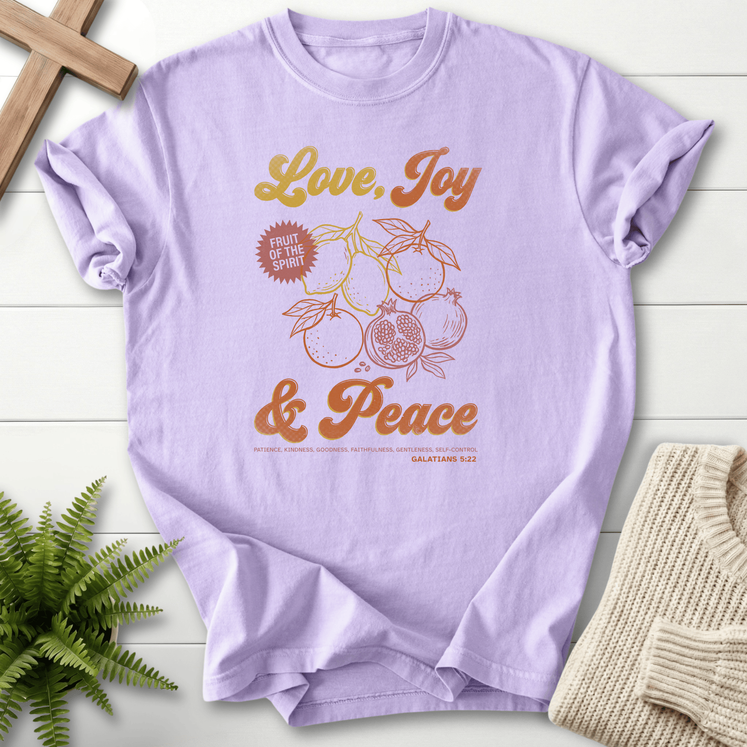 Orchid women's Christian t-shirt with Fruit of the Spirit pomegranate art, inspired by Galatians 5:22.