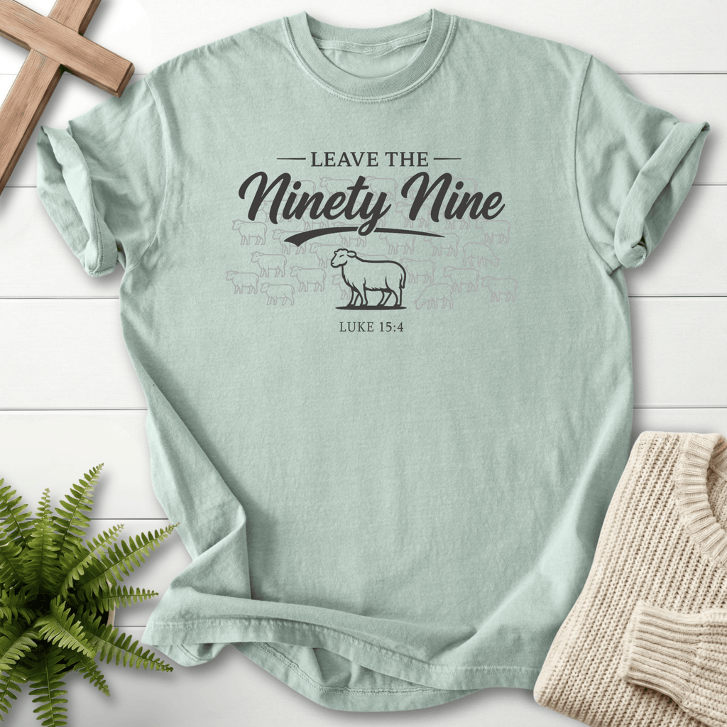 Bay women's Christian t-shirt with shepherd parable sheep graphic and "Leave the Ninety Nine" script, inspired by Luke 15:4.