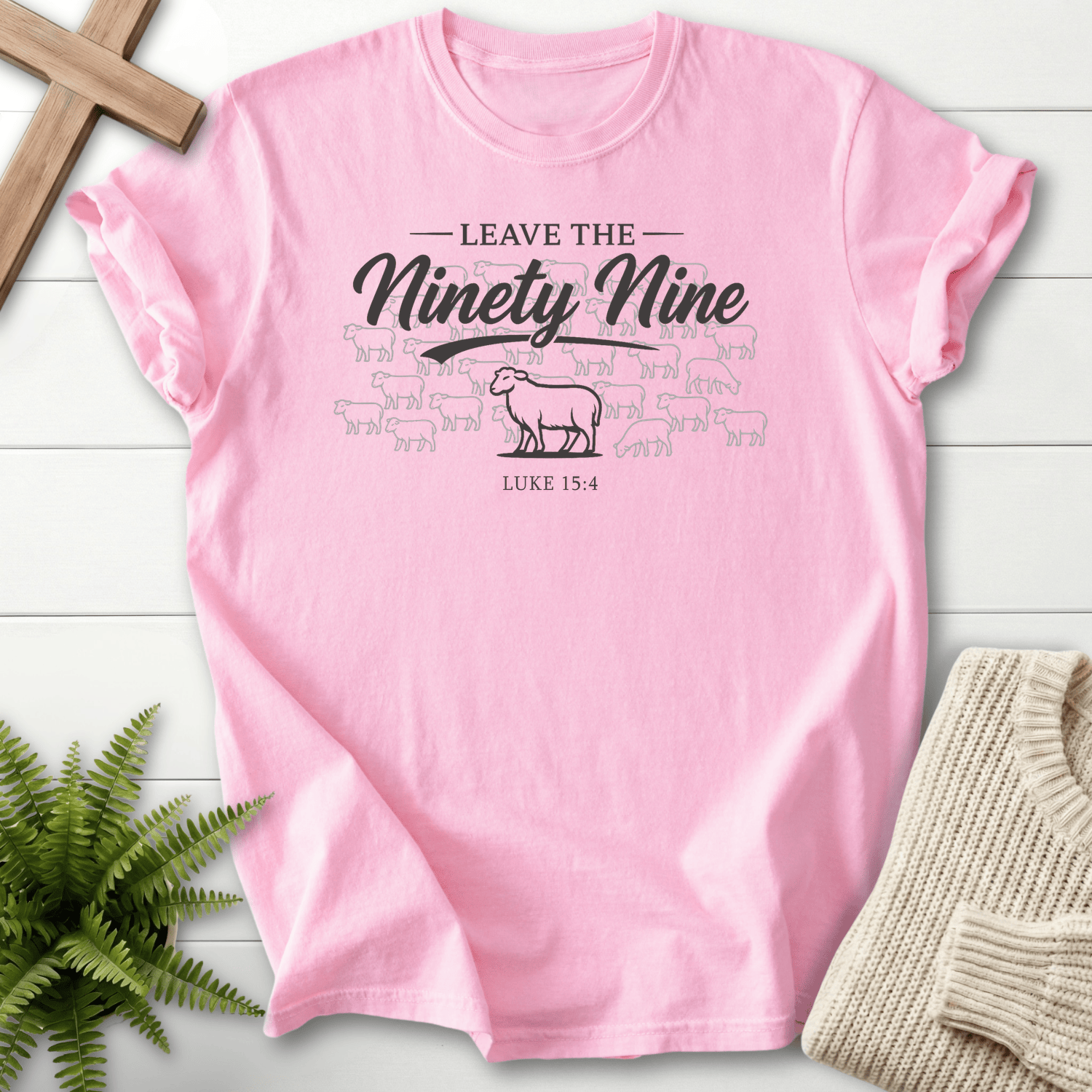 Blossom women's faith t-shirt with vintage "Leave the Ninety Nine" script and lost sheep art, inspired by Luke 15:4.