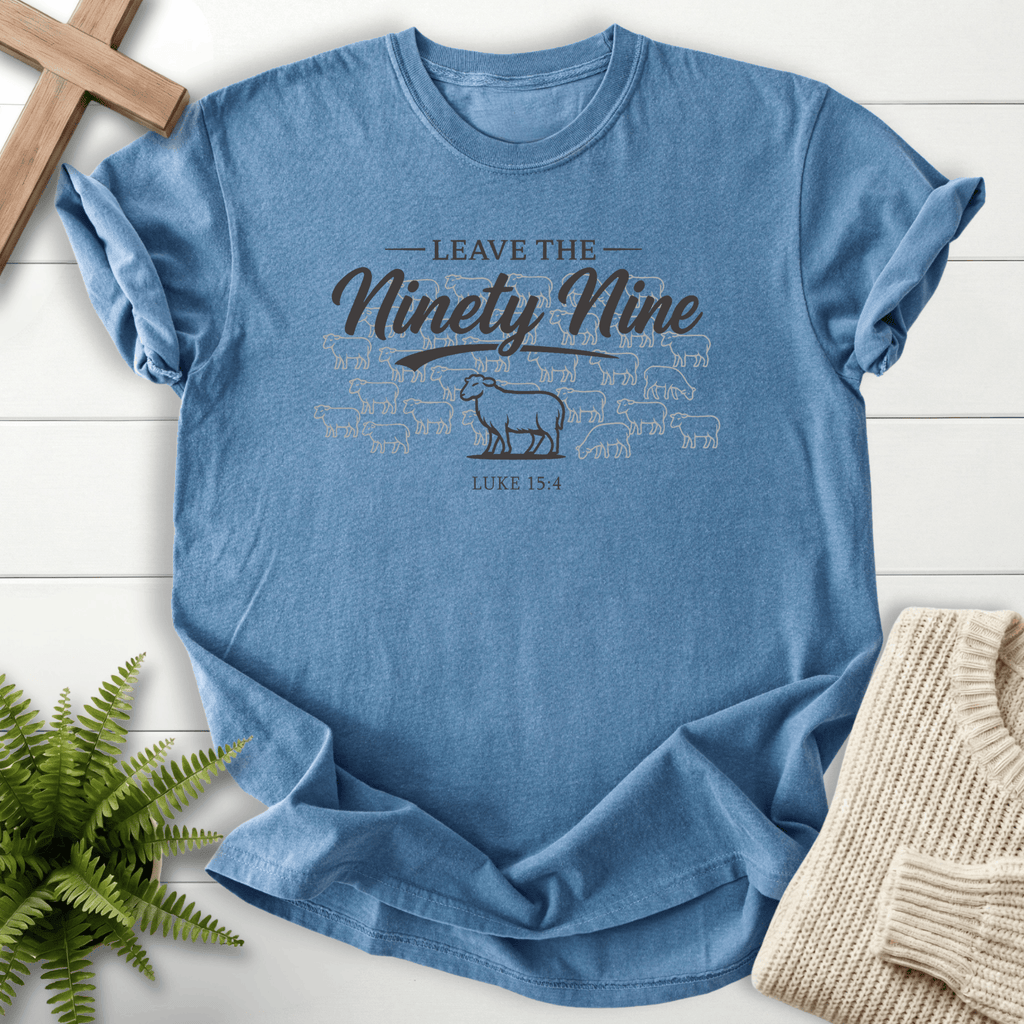 Blue Jean women's Christian t-shirt with lone lamb beside the flock and "Leave the Ninety Nine" design, inspired by Luke 15:4.