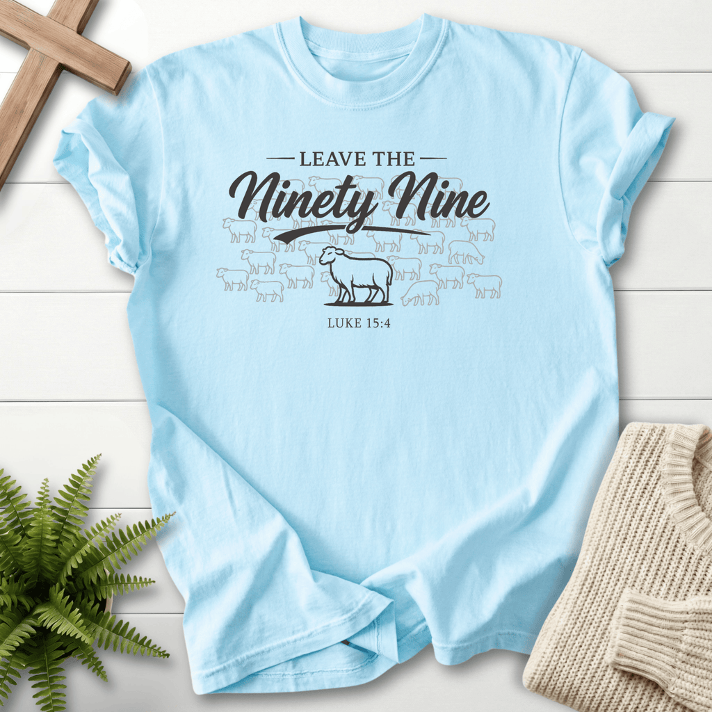Chambray women's Scripture shirt with vintage "Leave the Ninety Nine" lettering and shepherd sheep illustration, inspired by Luke 15:4.