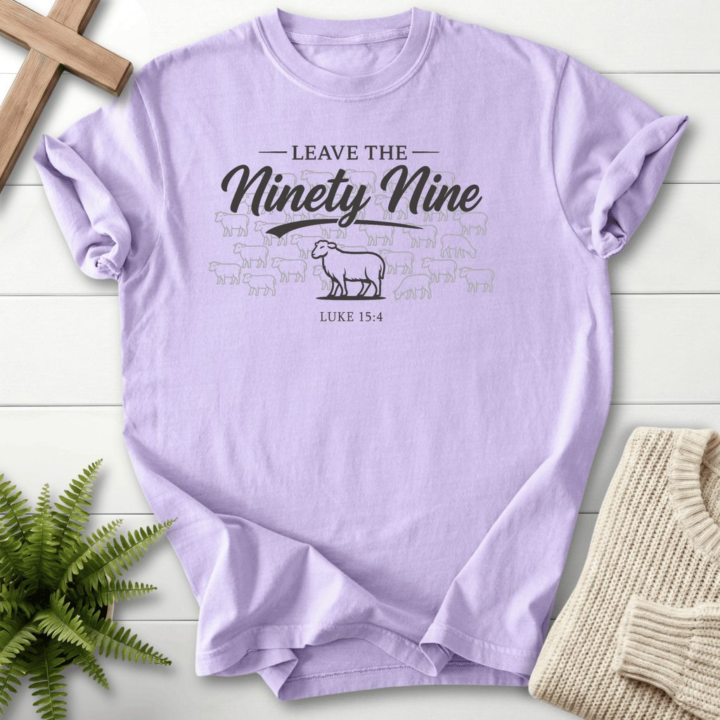 Orchid women's faith t-shirt with a single lamb among the flock, inspired by Luke 15:4.