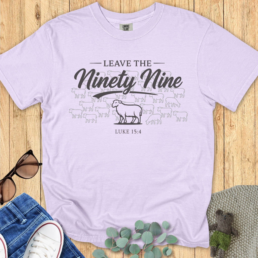 Comfort Colors 1717 orchid “Leave the Ninety-Nine – Luke 15:4” t-shirt featuring hand-drawn sheep artwork. A soft, feminine women’s scripture tee — modern Christian shirt and uplifting faith-based apparel for women, perfect for gifting to moms or believers.