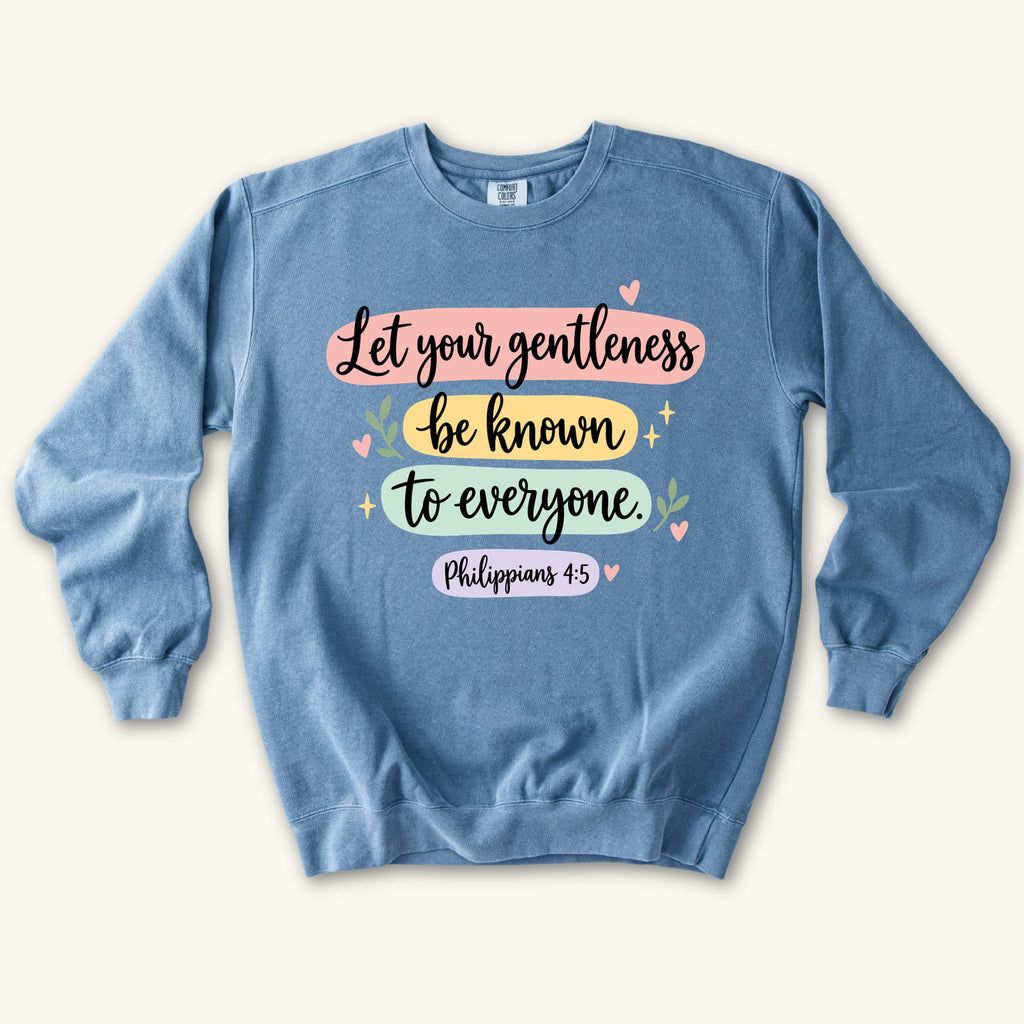 Blue Jean Let Your Gentleness sweatshirt flat lay mockup, Philippians 4:5 Christian apparel for women