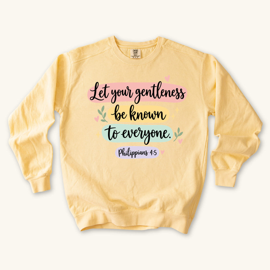 Butter Let Your Gentleness sweatshirt flat lay mockup, Philippians 4:5 Christian apparel for women