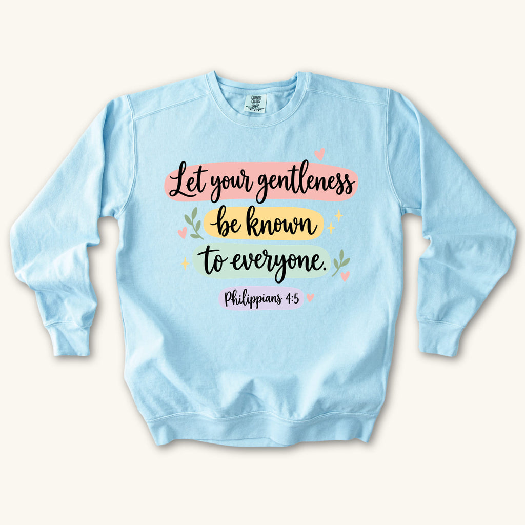 Chambray Let Your Gentleness sweatshirt flat lay mockup, Philippians 4:5 Christian apparel for women