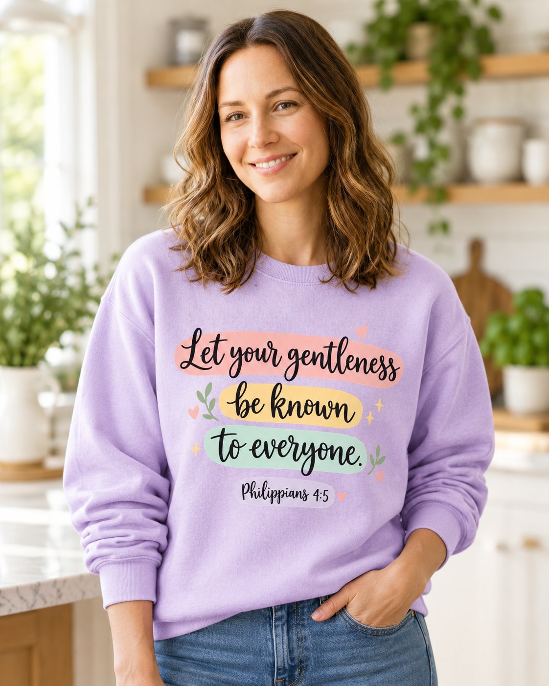 Let Your Gentleness, Orchid women's Christian sweatshirt, lifestyle photo in morning kitchen setting, Let your gentleness be known to everyone lettering, She Wears Faith
