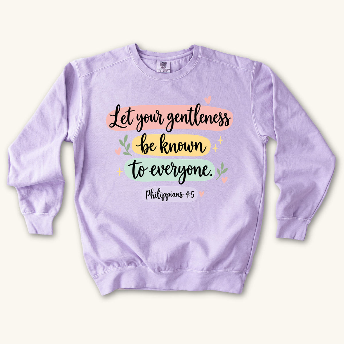 Orchid Let Your Gentleness sweatshirt flat lay mockup, Philippians 4:5 Christian apparel for women