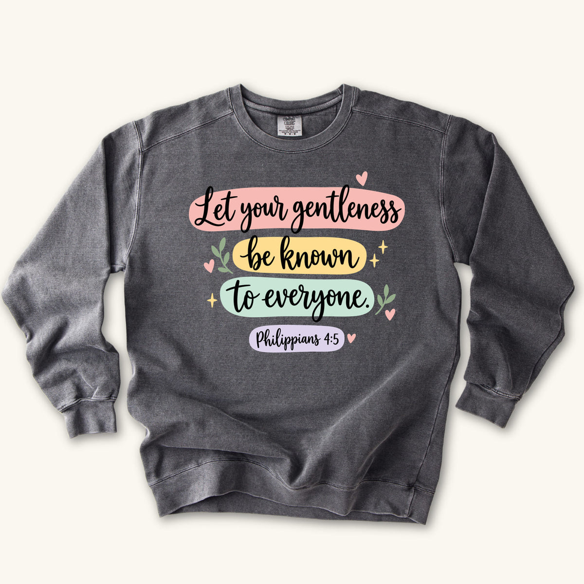 Pepper Let Your Gentleness sweatshirt flat lay mockup, Philippians 4:5 Christian apparel for women