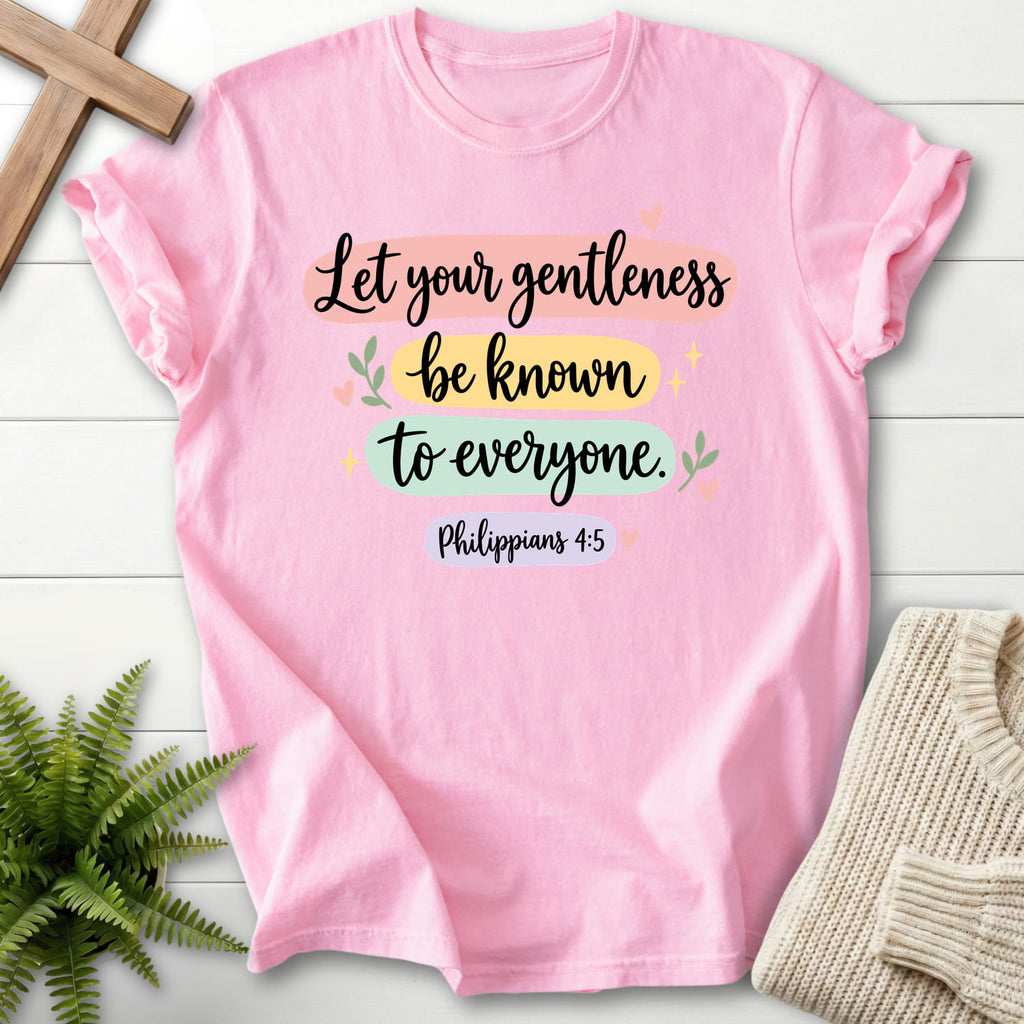 Blossom Let Your Gentleness T-shirt flat lay mockup, Philippians 4:5 Christian apparel for women
