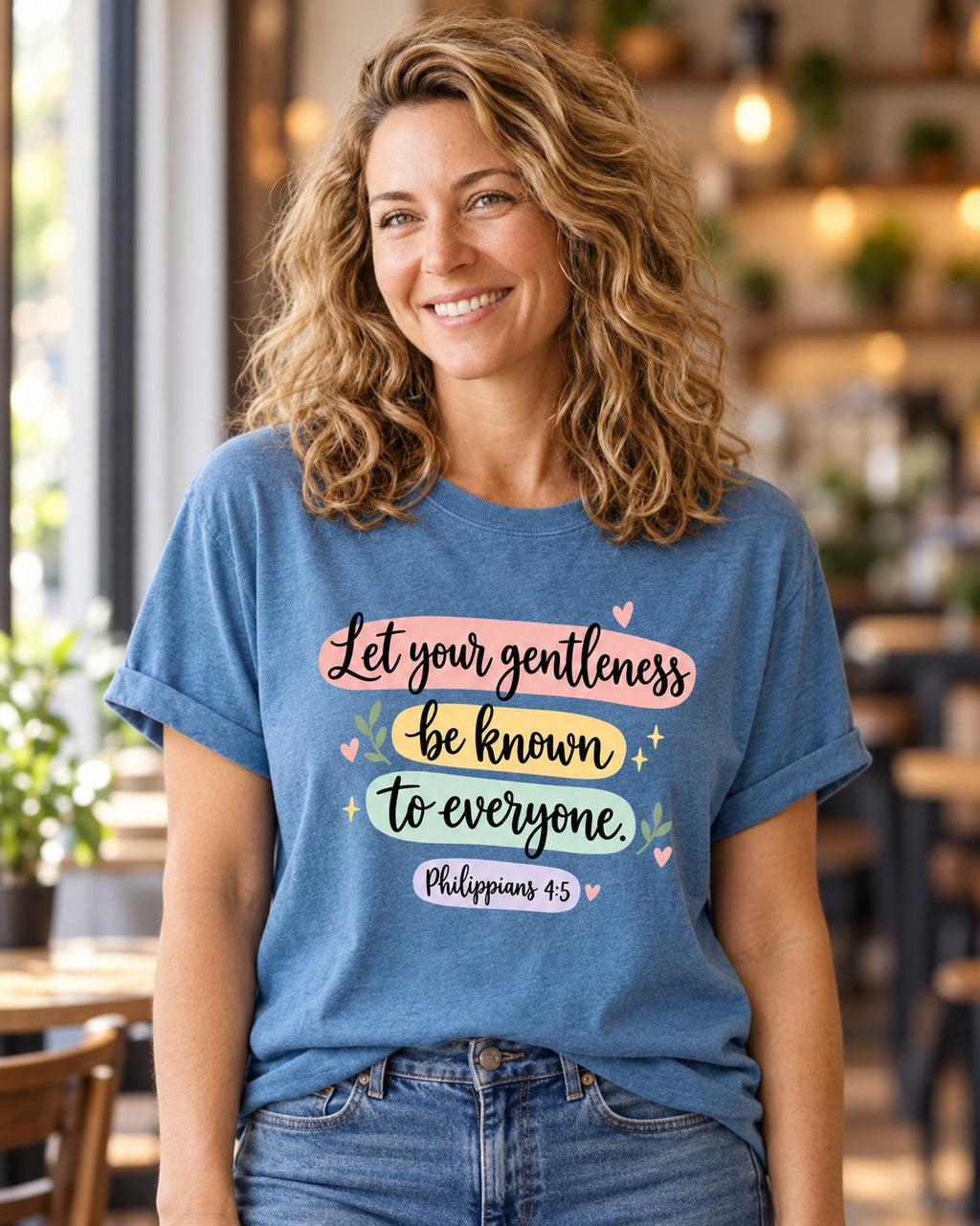 Let Your Gentleness, Blue Jean women's Christian tee, lifestyle photo in cozy cafe, Let your gentleness be known to everyone lettering, She Wears Faith