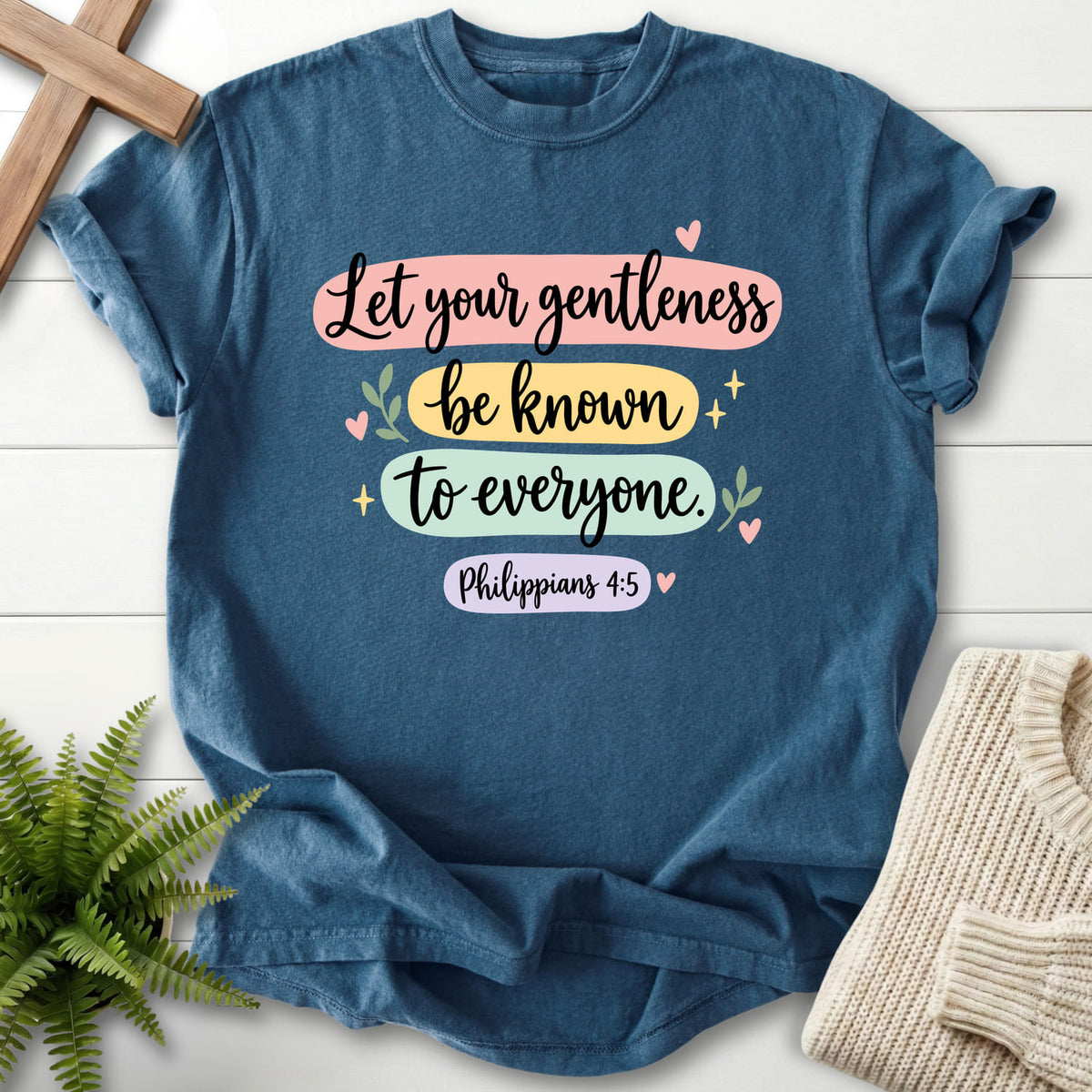 Midnight Let Your Gentleness T-shirt flat lay mockup, Philippians 4:5 Christian apparel for women