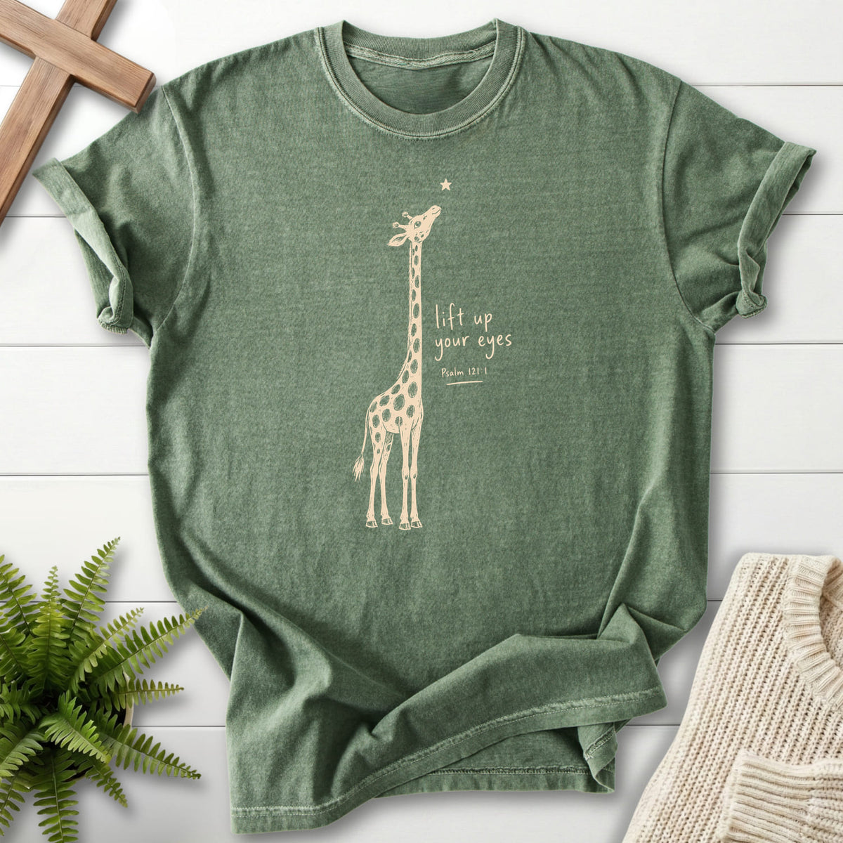 Moss color option for the Lift Up Your Eyes Giraffe faith-based tee with "Lift Up Your Eyes Giraffe T-Shirt" Psalm 121:1.