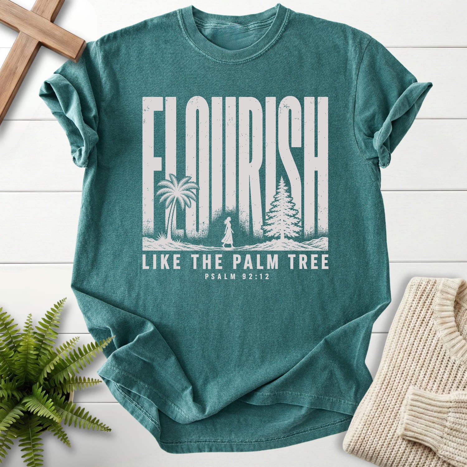 Blue Spruce color option for the Flourish Like The Palm Bible verse tee with "Like The Palm Flourish Scripture T-Shirt" Psalm 92:12.