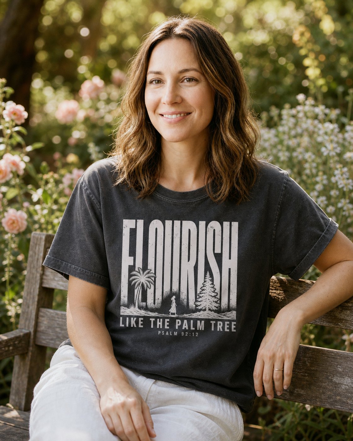Flourish Like The Palm – Pepper women's Christian tee, lifestyle photo in outdoor garden – Palm and pine trees inside tall FLOURISH lettering – Psalm 92:12 – She Wears Faith