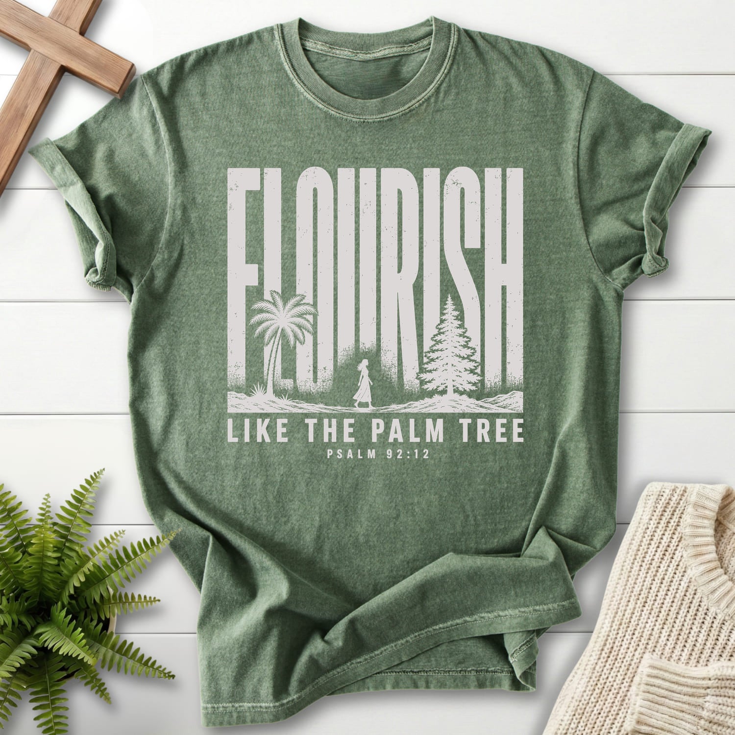 Moss color option for the Flourish Like The Palm tee with "Like The Palm Flourish Scripture T-Shirt" Psalm 92:12 from Printify.