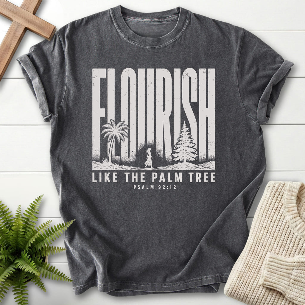 Pepper color option for the Flourish Like The Palm Christian graphic tee with "Like The Palm Flourish Scripture T-Shirt" Psalm 92:12.