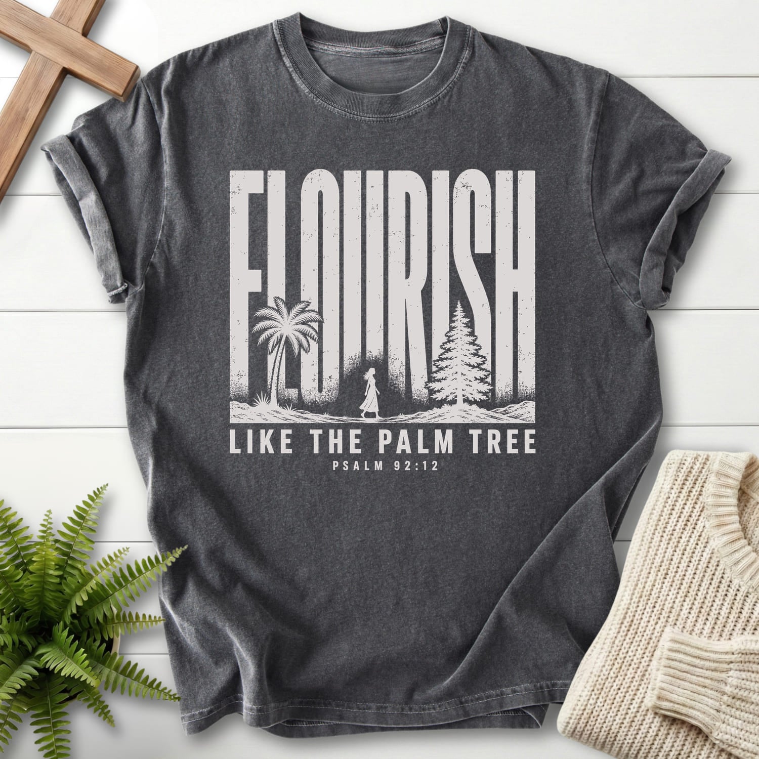 Pepper color option for the Flourish Like The Palm Christian graphic tee with "Like The Palm Flourish Scripture T-Shirt" Psalm 92:12.