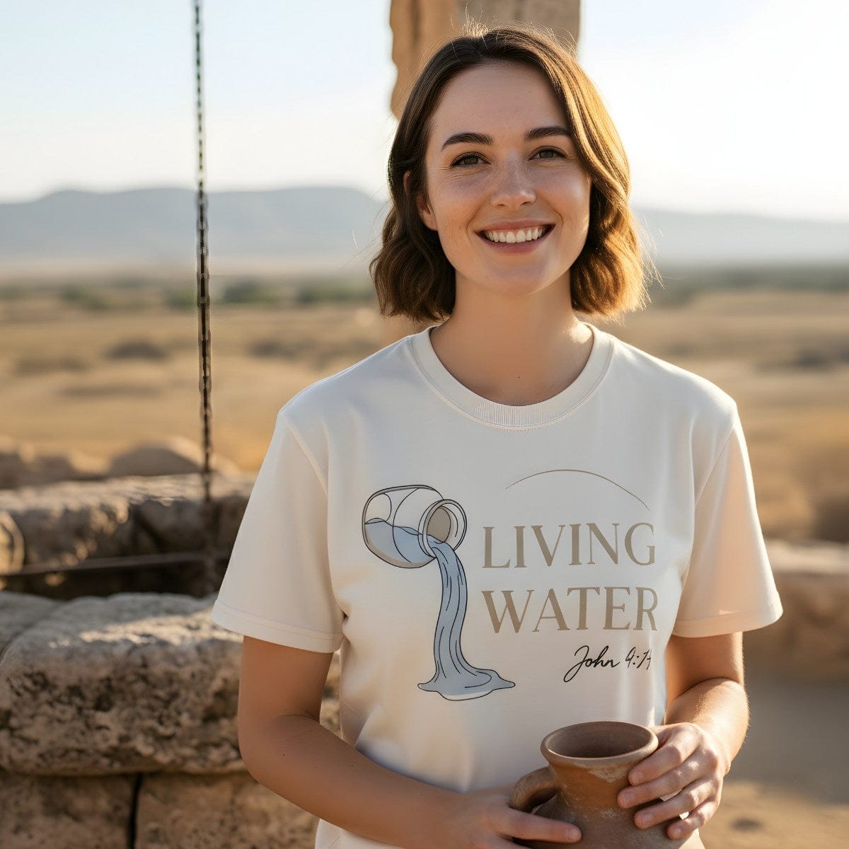 miling woman standing near a stone well wearing a Comfort Colors 1717 ivory “Living Water – John 4:14” t-shirt. A meaningful women’s scripture tee — uplifting faith-based apparel for women and modern Christian shirt, perfect Christian mom gift idea.