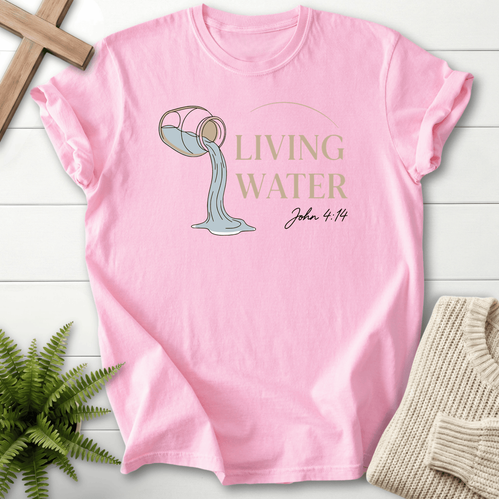 Blossom women's Bible verse tee with minimalist Living Water jar art, inspired by John 4:14.