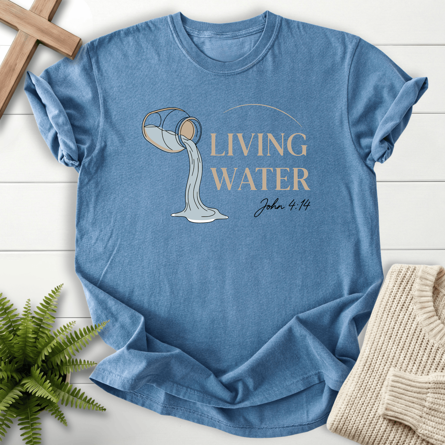 Blue Jean garment-dyed faith t-shirt with Living Water pouring jar design, inspired by John 4:14.
