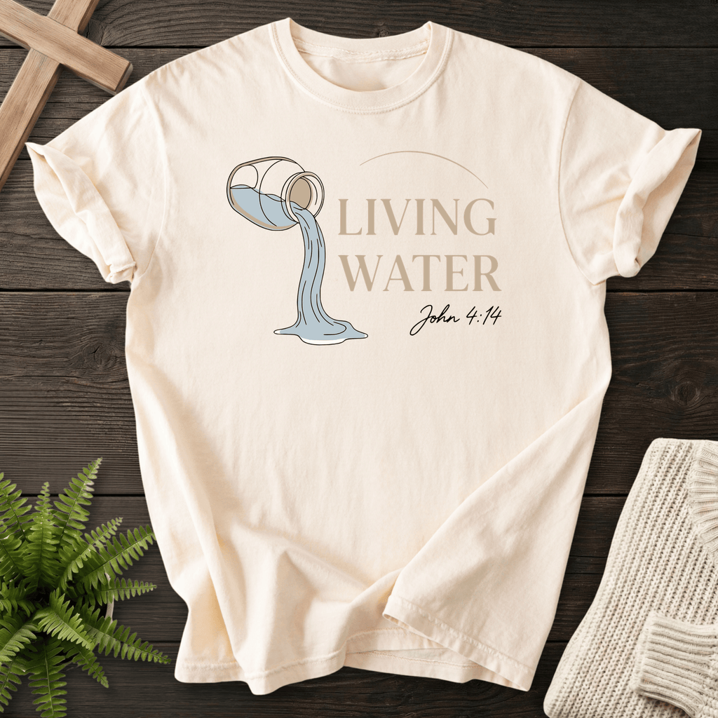 Ivory women's Christian t-shirt with tipping clay jar and flowing water illustration, inspired by John 4:14.