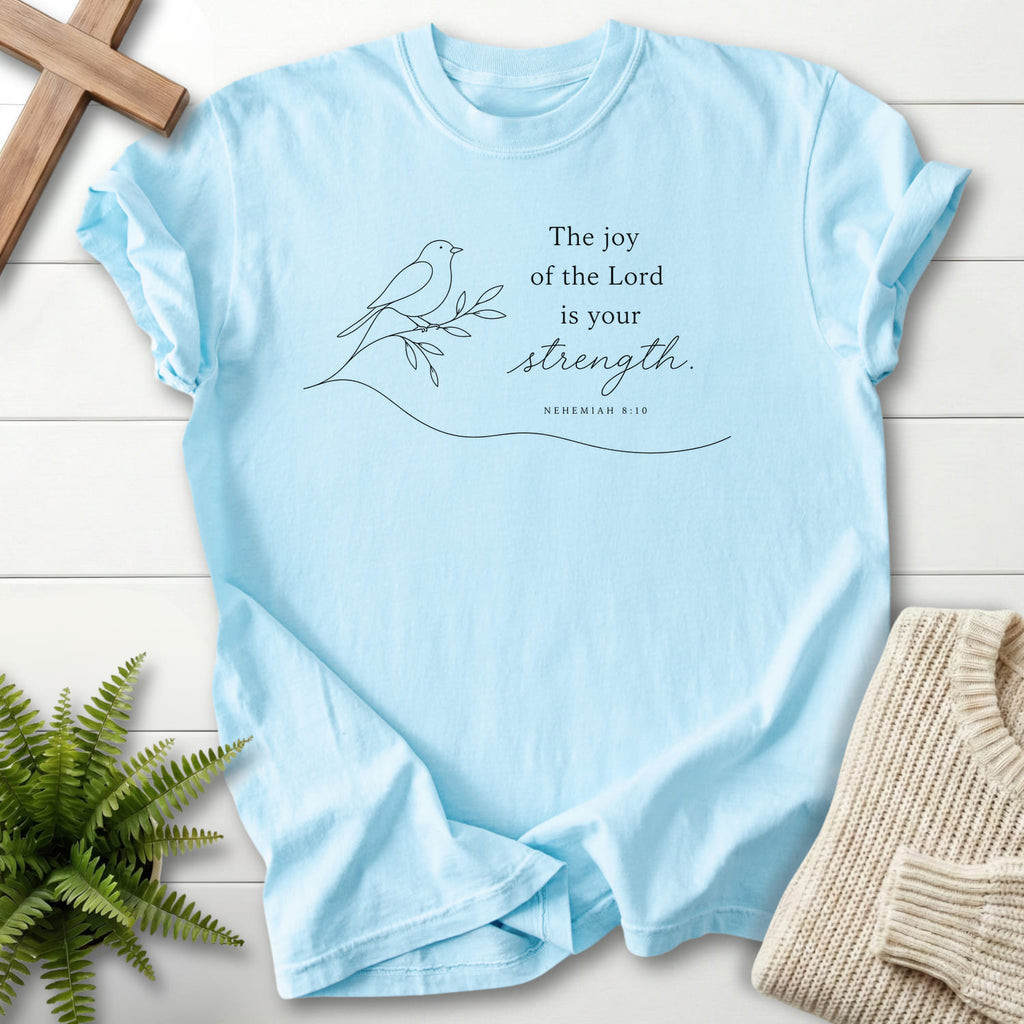 Flatlay of a Chambray Christian graphic tee with minimalist design with "Lord is your Strength T-Shirt" Nehemiah 8:10.