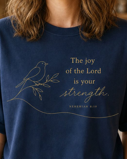 Lord is your Strenght Dark - Navy women's Christian tee, lifestyle photo in cozy café - Gold line-art bird on a branch with elegant script - Nehemiah 8:10 - She Wears Faith