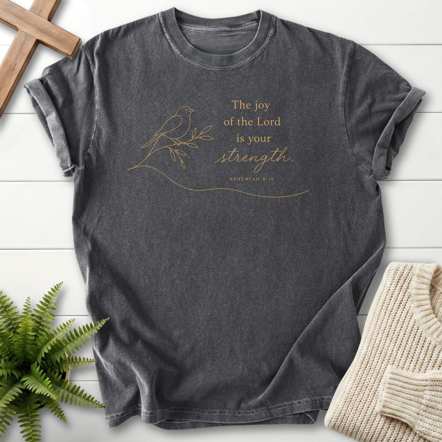 Pepper color option for the Lord is your Strength Christian t-shirt for women with minimalist design with "Lord is your Strength T-Shirt".