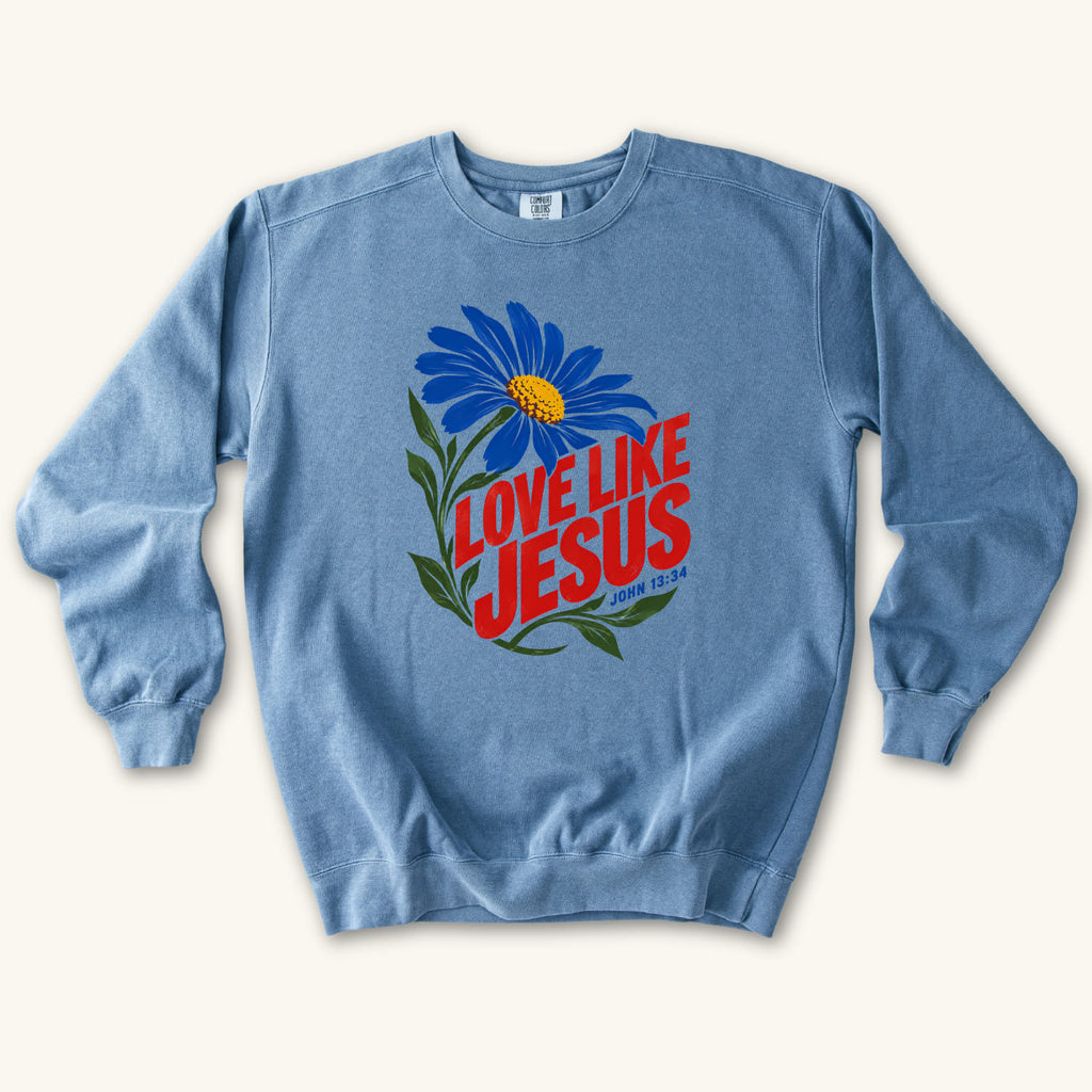 Blue Jean Love Like Jesus Daisy sweatshirt flat lay mockup, John 13:34 Christian apparel for women