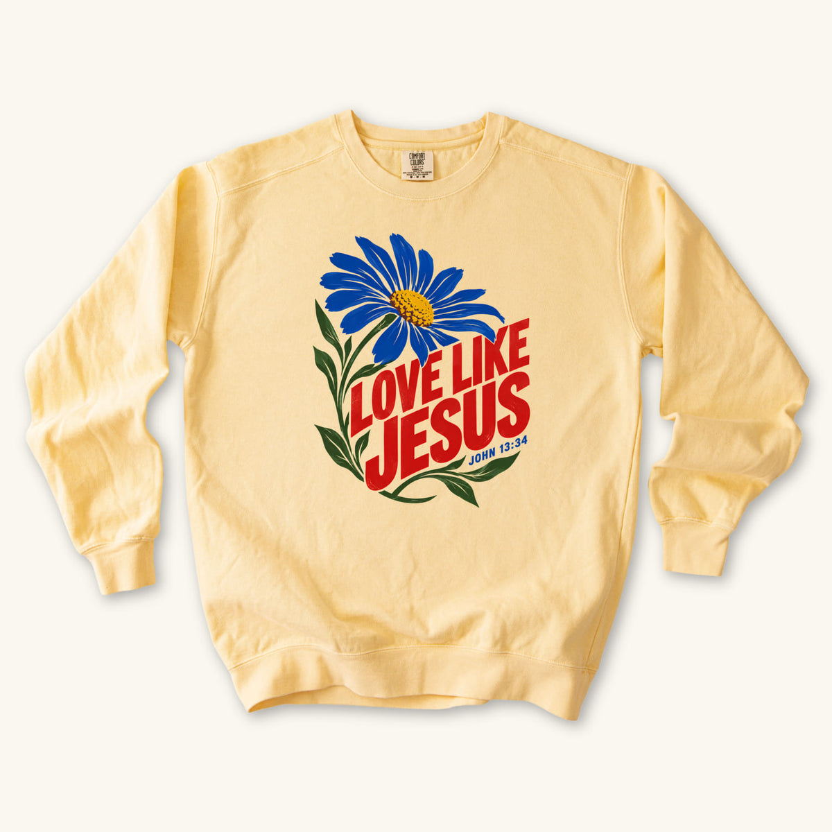 Butter Love Like Jesus Daisy sweatshirt flat lay mockup, John 13:34 Christian apparel for women