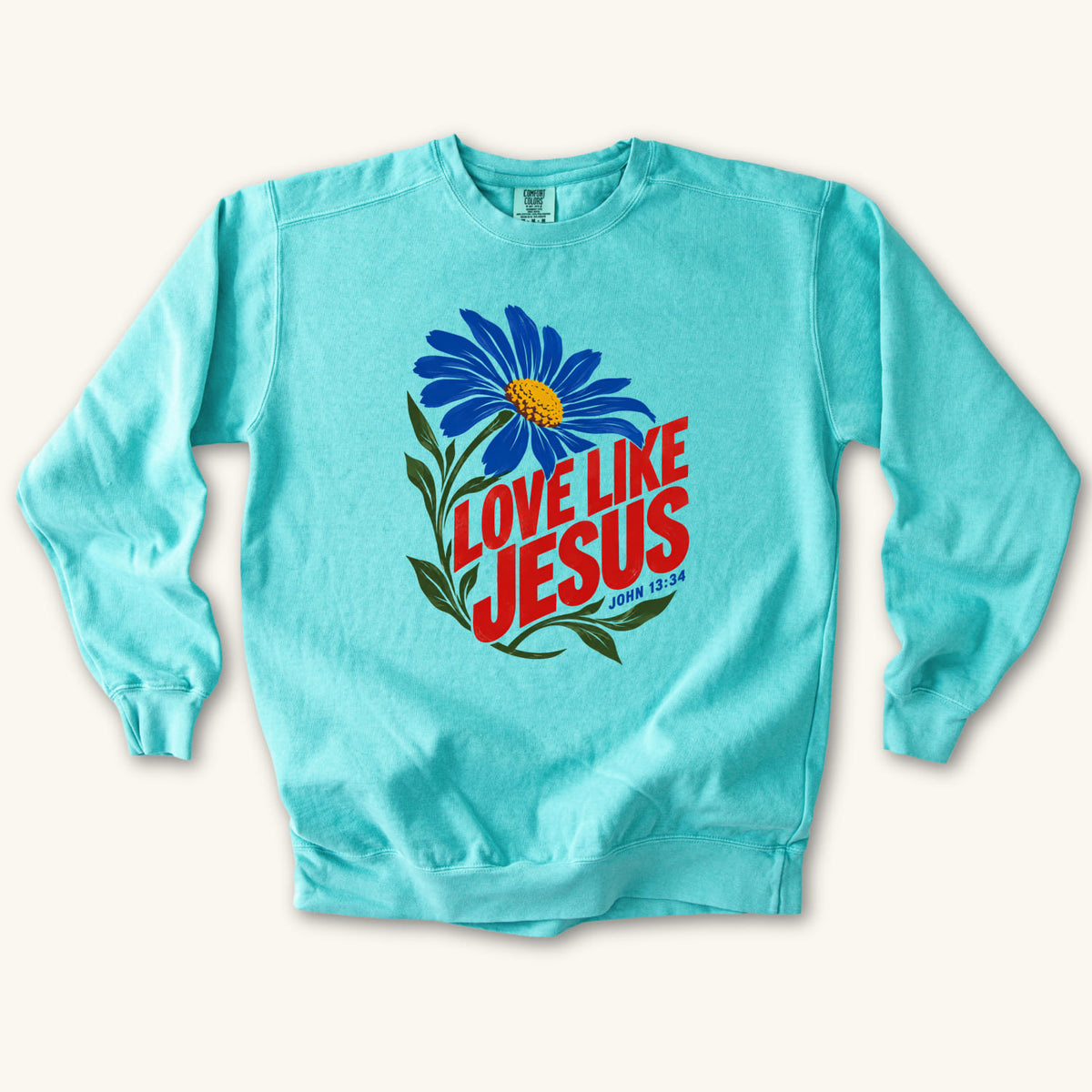 Chalky Mint Love Like Jesus Daisy sweatshirt flat lay mockup, John 13:34 Christian apparel for women