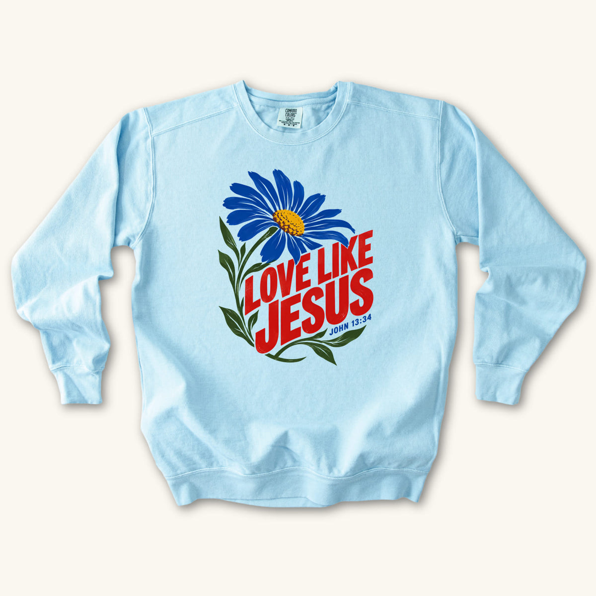 Chambray Love Like Jesus Daisy sweatshirt flat lay mockup, John 13:34 Christian apparel for women
